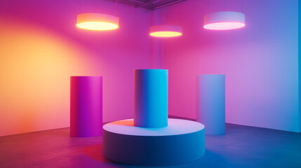 Poster - Three colorful cylinders float in a corner room, lit by hanging neon lamps.  The scene is perfect for showcasing products or creating a minimalist, abstract display.