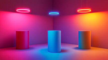 Poster - Three colorful cylinders float in a corner room, lit by hanging neon lamps.  The scene is perfect for showcasing products or creating a minimalist, abstract display.