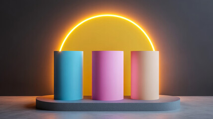 Poster - Three colorful cylinders, yellow, blue, and pink, stand on a stage with a glowing circle behind them. This simple setup is perfect for showcasing products or creating a modern, minimalist display.