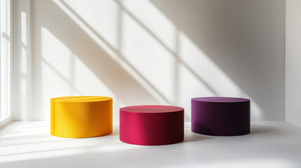 Poster - Three colorful podiums – red, yellow, and dark purple – stand on a white floor. This minimalist design is perfect for displaying products or showcasing fashion in a studio setting.