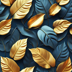 3D Vector gold leaf pattern. Floral luxury wallpaper, art deco botanical illustration.