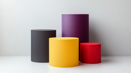 Poster - Three colorful podiums – red, yellow, and dark purple – stand on a white floor. This minimalist design is perfect for displaying products or showcasing fashion in a studio setting.