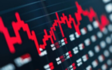 Poster - Close-up view of a financial data chart displaying fluctuating red graph lines, symbolizing stock market volatility and trading dynamics.