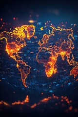 Poster - A mesmerizing visual of a digital world map illuminated with vibrant orange lines, symbolizing global connections and technological advancement.
