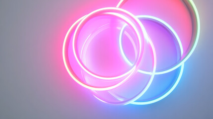 Poster - Bright, glowing circles in pink, blue, red, purple, and green light up a white background. These neon circles create a dynamic, abstract design.