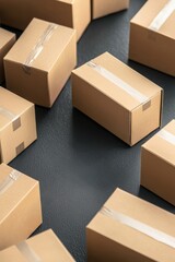Poster - Aerial view of numerous small, closed cardboard boxes arranged neatly with one box slightly offset, showcasing packaging and shipping concepts.