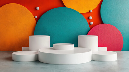 Poster - Three white platforms for displaying products, surrounded by a colorful, rounded backdrop.  The scene is simple and modern, perfect for showcasing products in a stylish way.