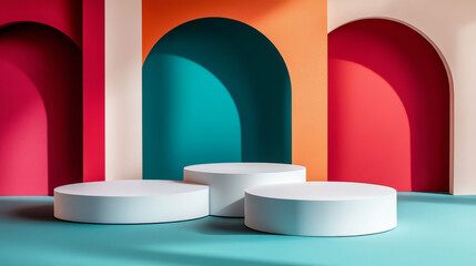 Poster - Three white platforms for displaying products, surrounded by a colorful, rounded backdrop.  The scene is simple and modern, perfect for showcasing products in a stylish way.