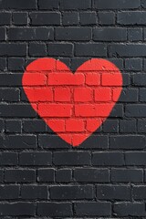 Poster - A vibrant red heart painted on a dark brick wall, symbolizing love and passion in urban art. Perfect for romantic themes and creative projects.