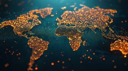 Aufkleber - A glowing world map illuminated by vibrant orange lights, showcasing cities and regions against a dark background, perfect for global themes.