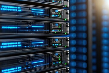 Poster - Close-up of modern server racks with blue LED lights in a data center, showcasing advanced technology and efficient data processing.