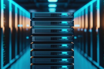 Poster - A futuristic server stack illuminated with blue lights, showcasing modern technology in a data center environment for digital solutions.