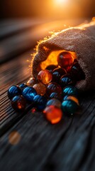 A burlap sack spills colorful glass marbles onto a wooden surface as the sun sets in the background.