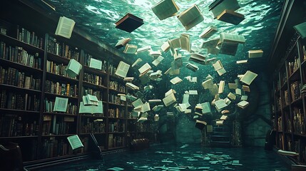 Poster - A mystical underwater library where books drift and float in enigmatic serenity amongst timeless shelves