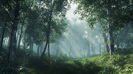 Poster - Enchanting lush forest bathed in mist with sunbeams filtering through trees creating a dreamlike atmosphere