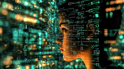 Aufkleber - Exploring the intersection of digital data and human identity a profile of a woman enveloped in technological innovation and insights