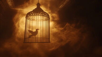 Poster - A captivating silhouette of a bird in a cage illuminated by a mysterious misty background evokes emotions of freedom and captivity