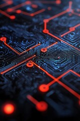 Poster - Close-up of a futuristic circuit board with glowing red lines and intricate patterns, symbolizing advanced technology and connectivity.