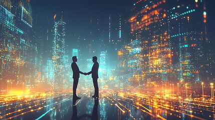 Poster - Dynamic silhouettes of two business professionals engaged in a handshake against a futuristic urban landscape at dusk