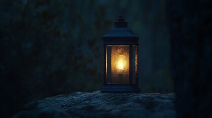 Poster - A vintage lantern casts a warm glow in a mysterious dark forest evoking a sense of adventure and serenity