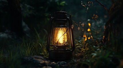 Poster - A vintage lantern illuminates a serene forest setting casting a warm glow on nature's tranquility and enchantment
