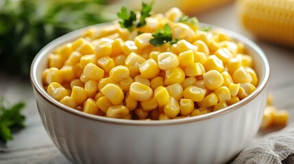 Fresh corn kernels in white ceramic bowl, showcasing vibrant yellow color and texture. Soft lighting highlights individual kernels, garnished with green herbs.