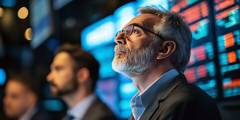 A group of focused traders and investors watch stock prices and financial data on multiple screens in a dimly lit trading room. They are intently monitoring market fluctuations.