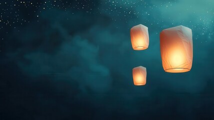 Floating lanterns illuminating the night sky against a dark, starry background, symbolizing hope and celebration.