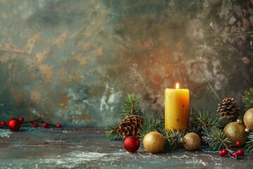 Warm glow from a solitary candle casts soft light on a richly decorated holiday table background with empty space for text