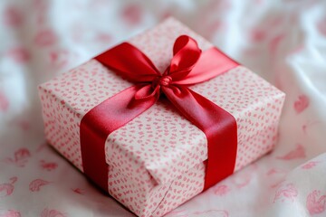 A red and white gift box with a red ribbon on top. The box is sitting on a white cloth