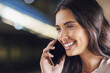 © peopleimages.com - Train, commute and happy woman with phone call for talking or conversation at subway station. Travel, listen or worker in city with smile on mobile for discussion on railway trip or public transport