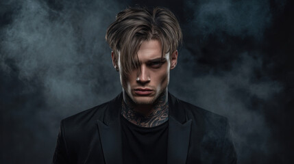 Short-haired male model with tattoos in black t-shirt and blazer surrounded by dark fog with an intense expression