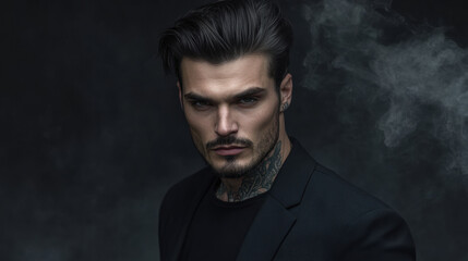 Short-haired male model with tattoos in black t-shirt and blazer surrounded by dark fog with an intense expression