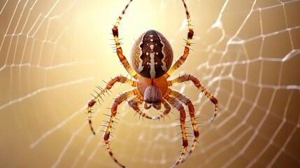 A close-up of a spider with intricate patterns on its body, sitting in the center of its web against a warm, golden background.