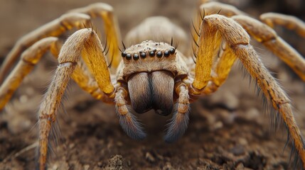 A close-up shot of a huntsman spider with hairy legs and eight eyes staring directly at the camera.