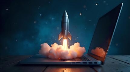 laptop with space , a Rocket coming out of a laptop screen, a launch business, gray background. AI digital illustration
