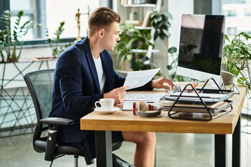 A young businessman with a disability focuses on documents at his desk in a vibrant, modern office space.