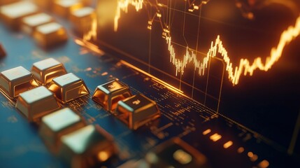 A financial chart with golden lines showing market growth alongside gold bars, representing banking and investment