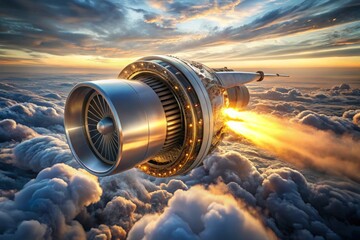 Close-up of a jet engine on an aircraft with a blurred airport backdrop