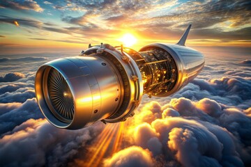 Close-up of a jet engine on an aircraft with a blurred airport backdrop