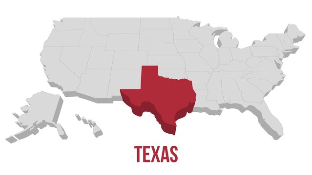 texas State video animation. Animated USA map, gray map on a white background with red state in 3d style. Animation 4k motion video