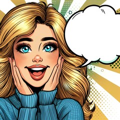 Wall Mural - Comic style surprised girl with bright expression and speech bubble.