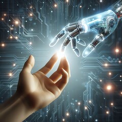 symbolizing the convergence of human and artificial intelligence, a human hand reaches towards a tra