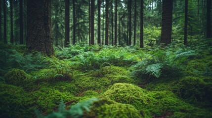 Dark and lush undergrowth in a temperate forest, with ferns and moss covering the forest floor