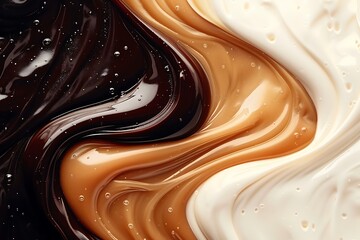 Liquid chocolate texture background with caramel, white and milk