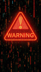 Aufkleber - digital warning sign with red triangle hazard symbol neon glitch futuristic cyber hacking threat technology background vertical format