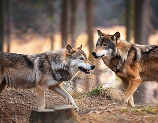  Two Gray wolf, Canis lupus in the winter forest. Wolf in the nature habitat