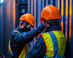 two workers in safety gear and helmets discuss near cargo containers, highlighting industrial teamwo