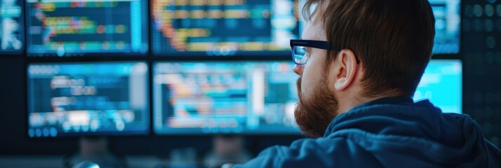 Professional software developer in a modern office analyzing code on multiple monitors, focused on computer programming and technology innovation.