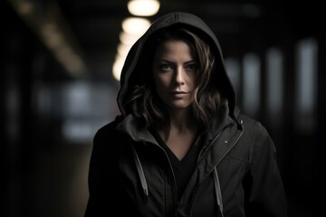 Portrait of a woman in a hooded jacket in the dark